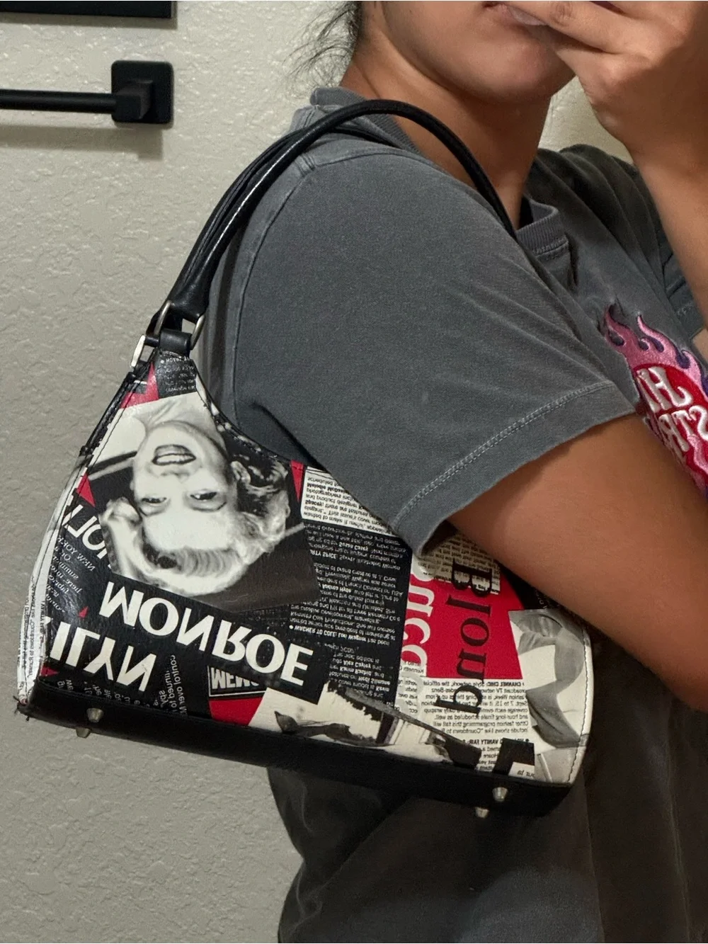 Y2K Marilyn Monroe Black, Red & White Newspaper-Print Shoulder Bag